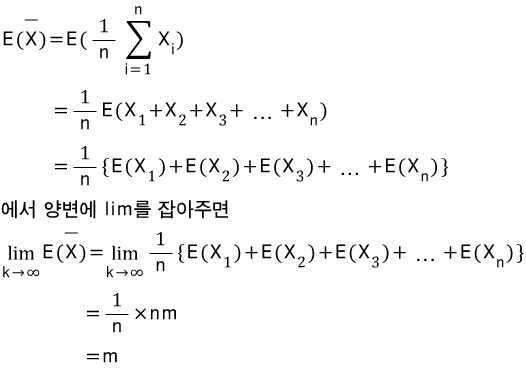 E(\\\\overline { X })=E(\\\\frac { 1 }{ n }\\\\sum _{ i=1 }^{ n }{ \\\\combi _{ i }{ X } })\\\\\\\\ \\\\quad \\\\quad \\\\quad \\\\quad \\\\quad \\\\quad \\\\quad \\\\quad =\\\\frac { 1 }{ n }E(\\\\combi _{ 1 }{ X }+\\\\combi _{ 2 }{ X }+\\\\combi _{ 3 }{ X }+\\\\quad ...\\\\quad +\\\\combi _{ n }{ X })\\\\\\\\ \\\\quad \\\\quad \\\\quad \\\\quad \\\\quad \\\\quad \\\\quad \\\\quad =\\\\frac { 1 }{ n }\\\\{E\\\\combi _{ 1 }{ (X })+E(\\\\combi _{ 2 }{ X })+E(\\\\combi _{ 3 }{ X })+\\\\quad ...\\\\quad +\\\\combi _{ n }{ E(X })\\\\}\\\\\\\\ 에서\\\\quad 양변에\\\\quad lim를\\\\quad 잡아주면\\\\\\\\ \\\\lim _{ \\\\combi { k }\\\\to \\\\combi { \\\\infty  } }{ E(\\\\overline { X }) }=\\\\lim _{ \\\\combi { k }\\\\to \\\\combi { \\\\infty  } }{ \\\\frac { 1 }{ n }\\\\{E\\\\combi _{ 1 }{ (X })+E(\\\\combi _{ 2 }{ X })+E(\\\\combi _{ 3 }{ X })+\\\\quad ...\\\\quad +\\\\combi _{ n }{ E(X })\\\\} }\\\\\\\\ \\\\quad \\\\quad \\\\quad \\\\quad \\\\quad \\\\quad \\\\quad \\\\quad \\\\quad \\\\quad \\\\quad \\\\quad \\\\quad =\\\\frac { 1 }{ n }\\\\times nm\\\\\\\\ \\\\quad \\\\quad \\\\quad \\\\quad \\\\quad \\\\quad \\\\quad \\\\quad \\\\quad \\\\quad \\\\quad \\\\quad \\\\quad =m