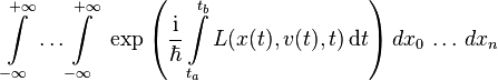 \\\\int\\\\limits_{-\\\\infty}^{+\\\\infty}\\\\,\\\\ldots \\\\int\\\\limits_{-\\\\infty}^{+\\\\infty}\\\\, \\\\ \\\\exp \\\\left(\\\\frac{{\\\\rm i}}{\\\\hbar}\\\\int\\\\limits_{t_a}^{t_b} L(x(t),v(t), t)\\\\,\\\\mathrm{d}t\\\\right)dx_0 \\\\, \\\\ldots \\\\, dx_n
